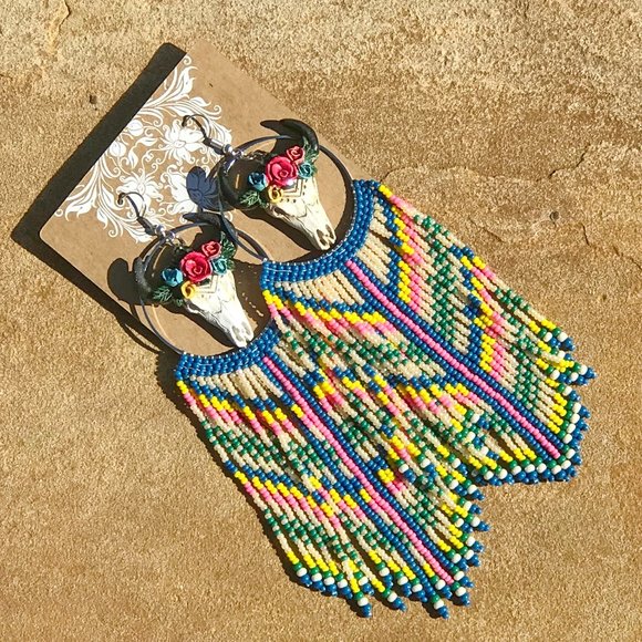 Native Bead Earrings Western Cow Skull Southwest Long Fringe Seed Bead Dangles - Picture 3 of 6